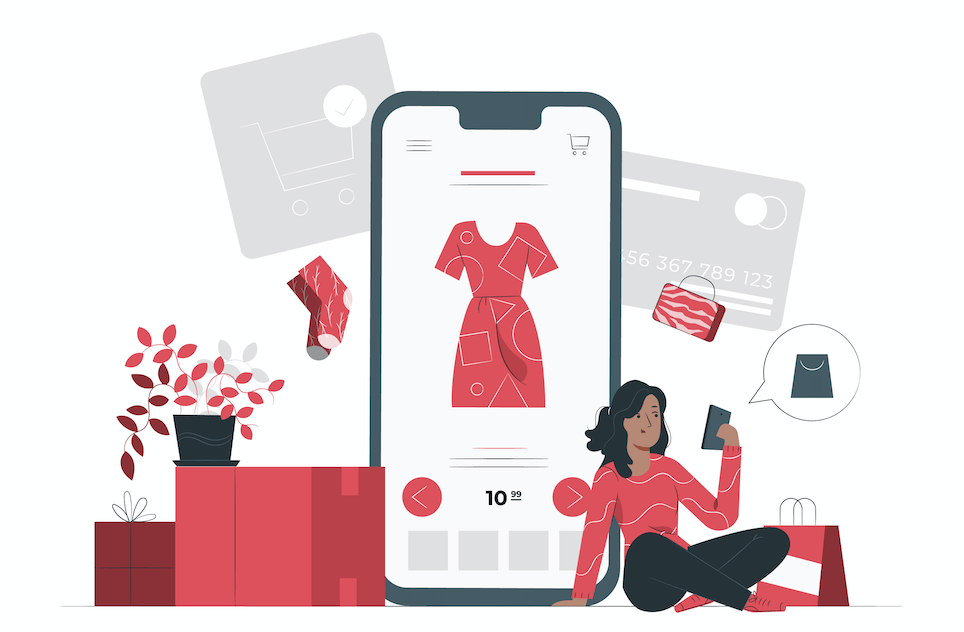 E-commerce adaptable cartoon with large mobile app and woman browsing