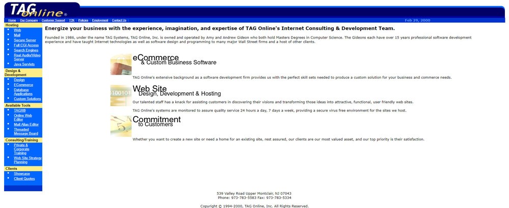 TAG website landing page in 2000